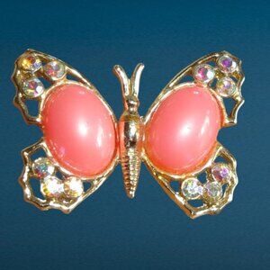 Coral Jelly Belly Butterfly Brooch Gold AB Aurora Borealis Rhinestone